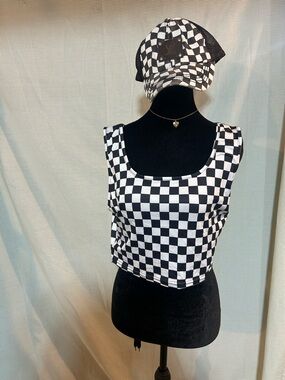 Upcycled LV C.C Black & White Checkerboard Hat & Crop Tank Top Bundle